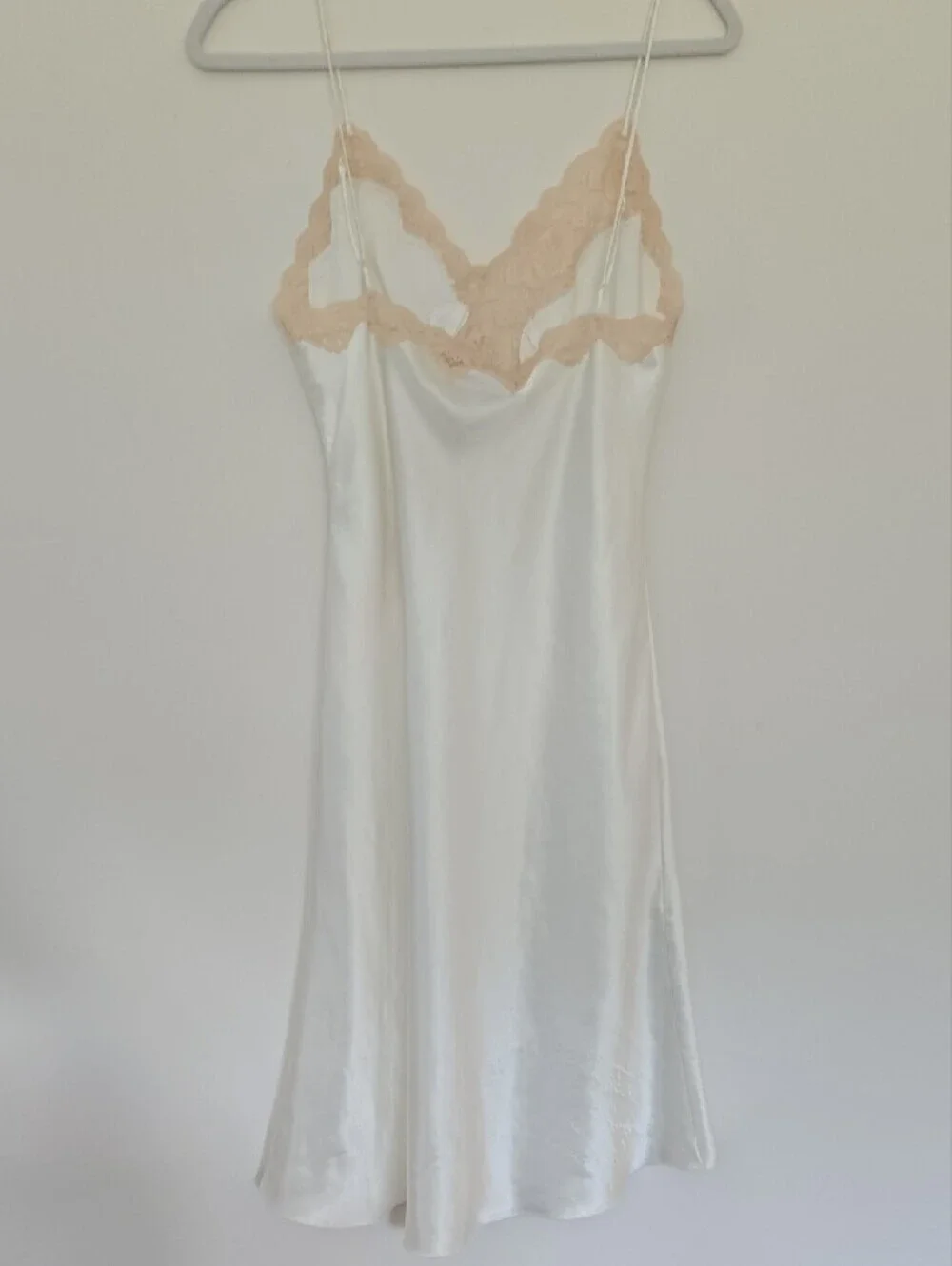 Vintage Victoria Secret Gold Label Silky White Slip with Beige Lace Trim Elegant